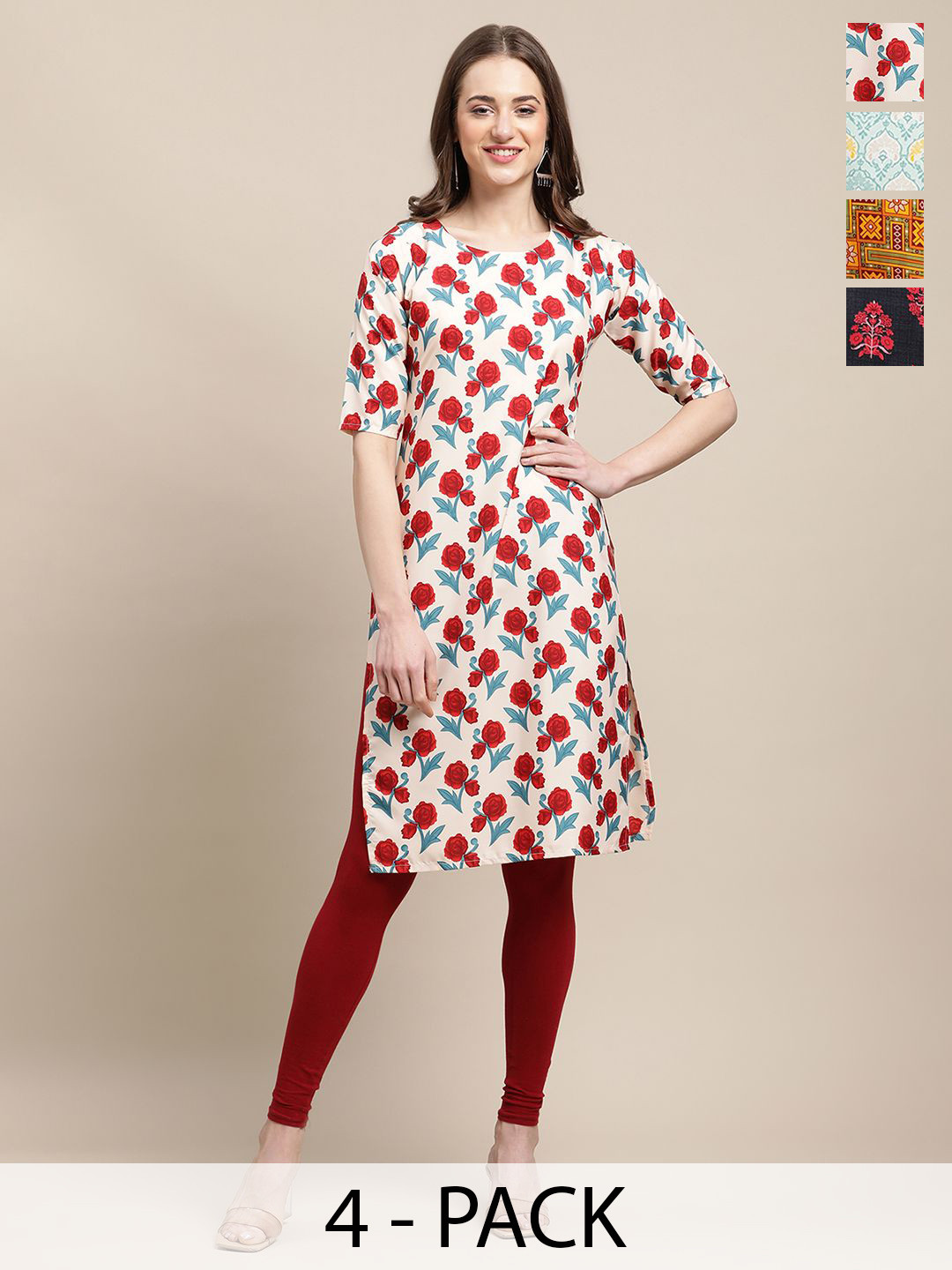 

7Threads Selection Of 4 Ethnic Motifs Printed Straight Kurtas, Red
