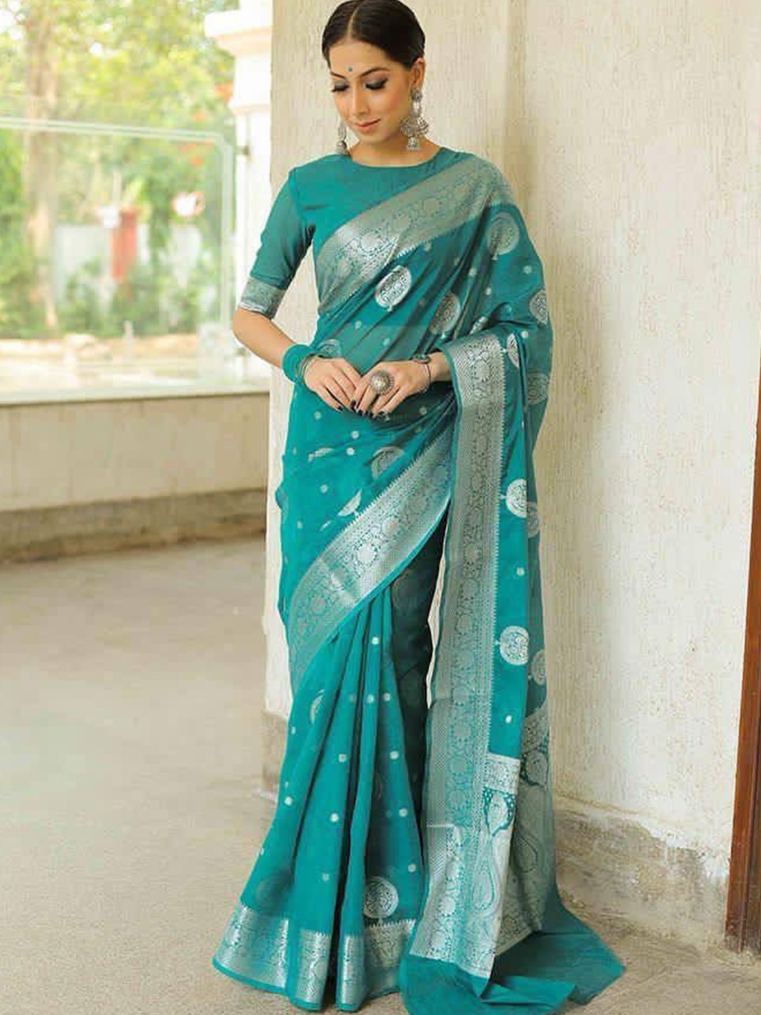 

Marziyaa Woven Design Zari Silk Cotton Designer Banarasi Saree, Sea green