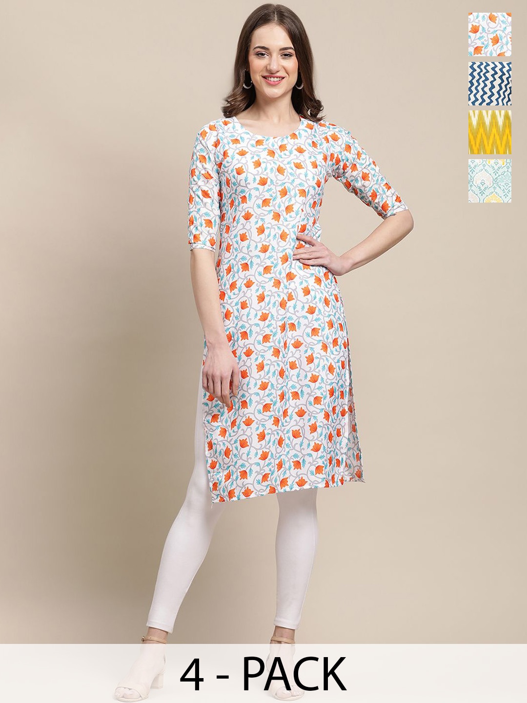 

7Threads Selection Of 4 Ethnic Motifs Printed Straight Kurtas, White