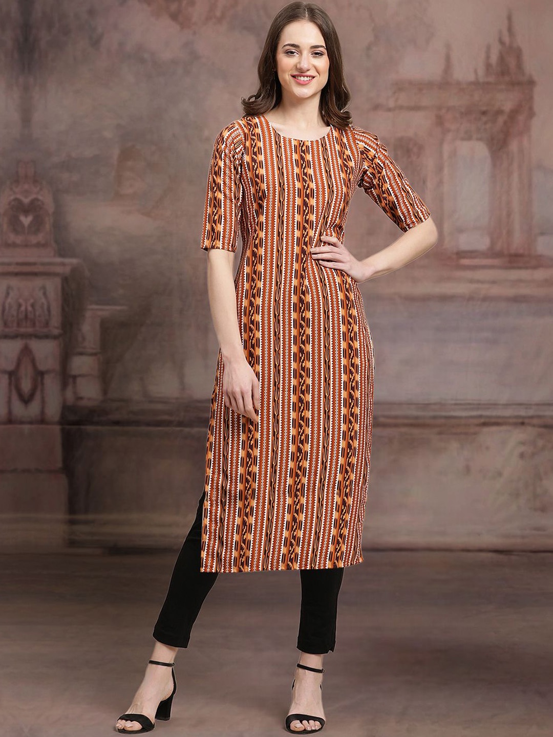 

7Threads Ethnic Motifs Printed Straight Kurta, Brown