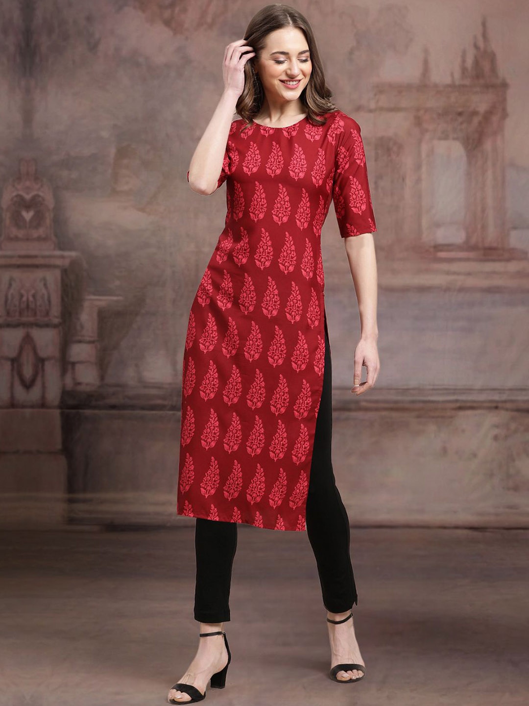 

7Threads Ethnic Motifs Printed Straight Kurta, Red