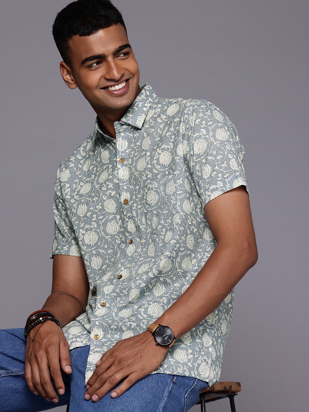 

Patrah Relaxed Floral Printed Pure Cotton Casual Shirt, Grey