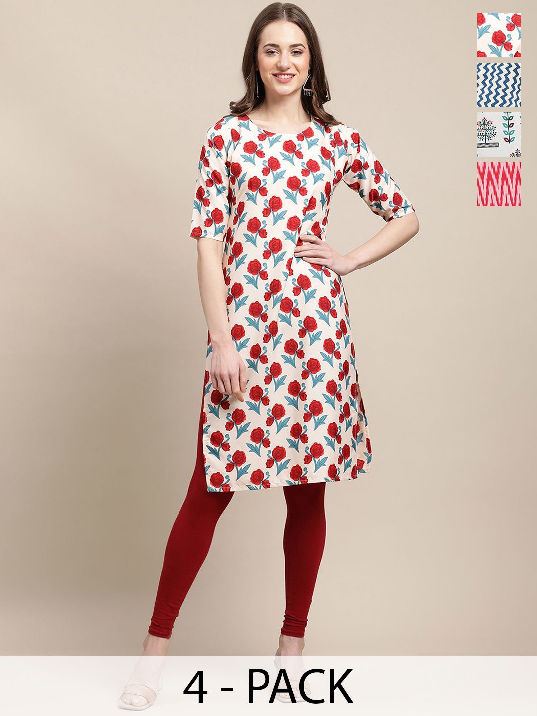 

7Threads Selection Of 4 Ethnic Motifs Printed Straight Kurtas, Red