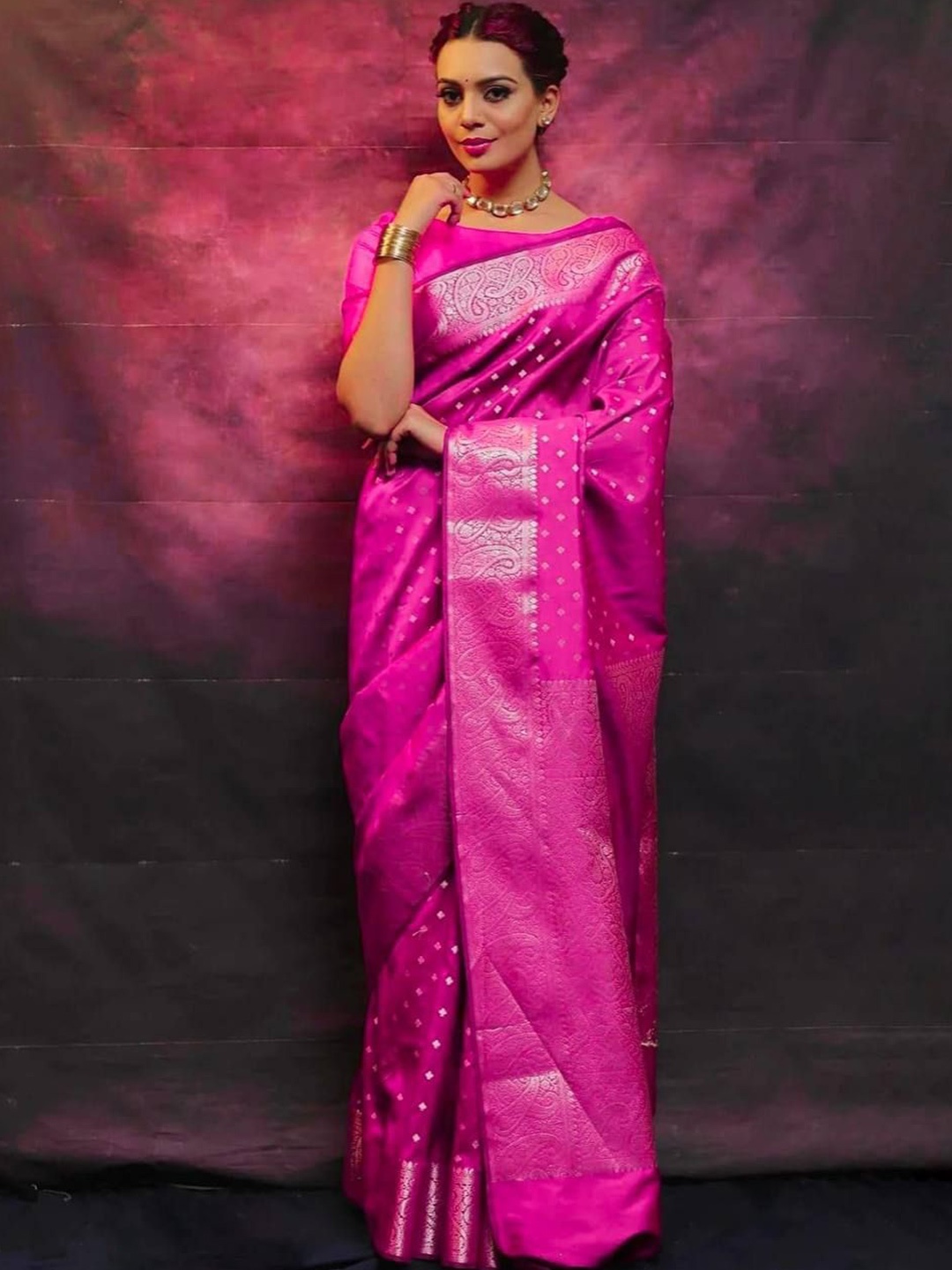 

Marziyaa Ethnic Motifs Zari Silk Cotton Banarasi Saree, Pink