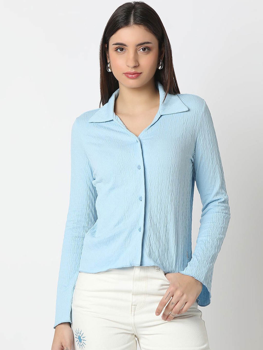 

SPYKAR Women Slim Fit Spread Collar Textured Casual Shirt, Blue