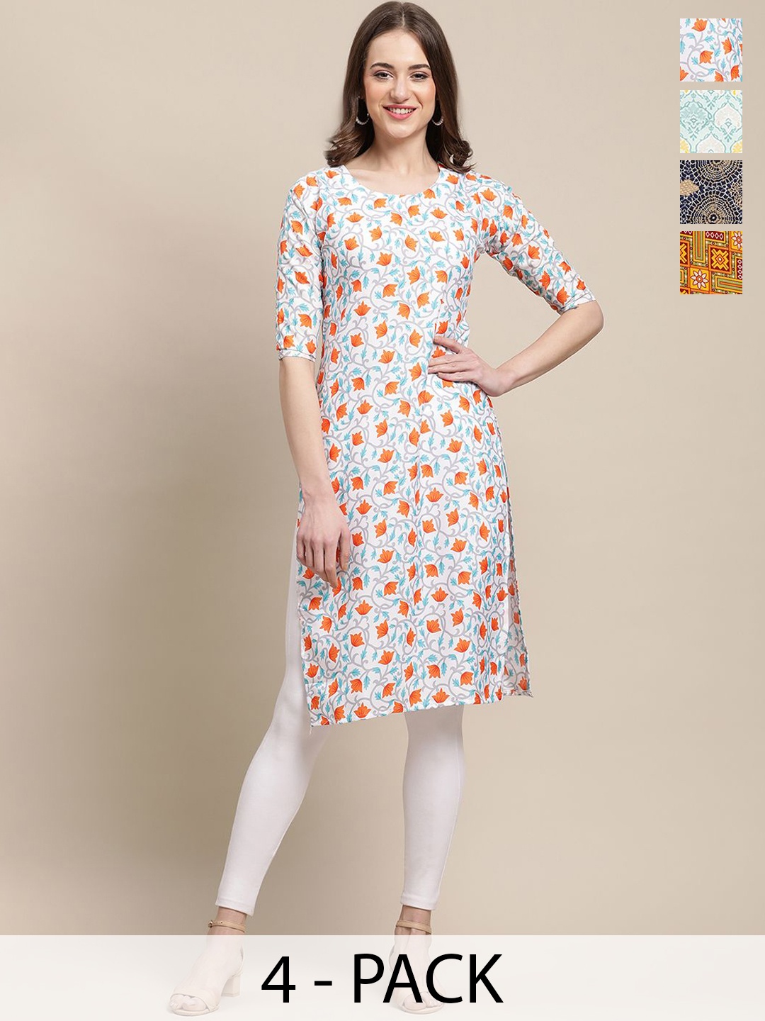 

7Threads Selection Of 4 Ethnic Motifs Printed Straight Kurtas, White