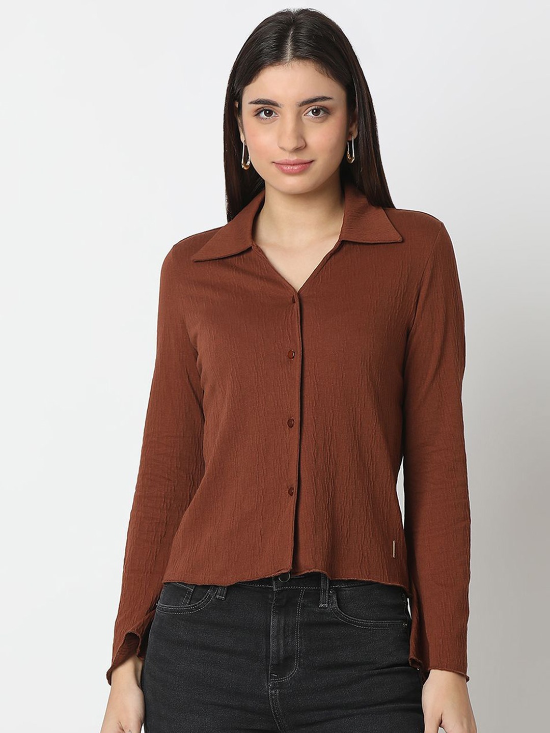 

SPYKAR Women Slim Fit Spread Collar Textured Casual Shirt, Brown