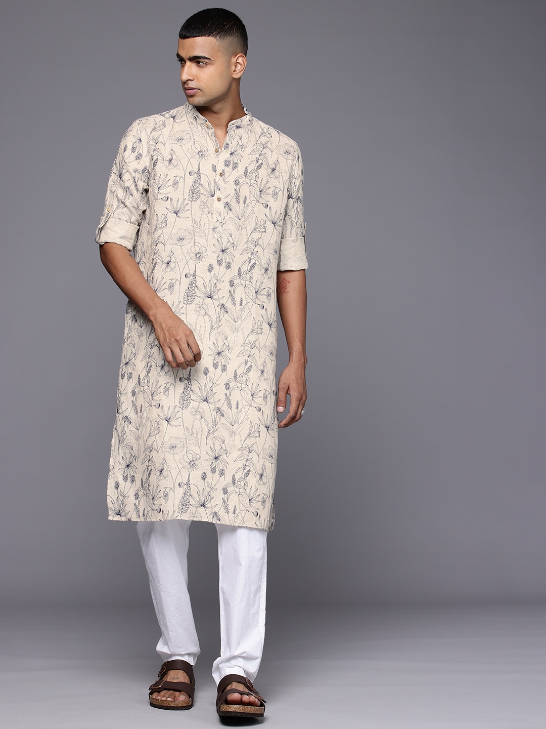 

Patrah Pure Linen Floral Printed Kurta, Grey