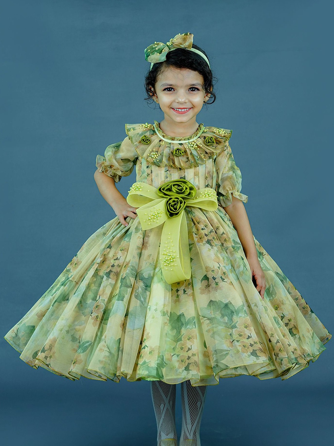 Li & Li Boutique Girls Floral Embellished Bow detailed Gown Dress, Olive