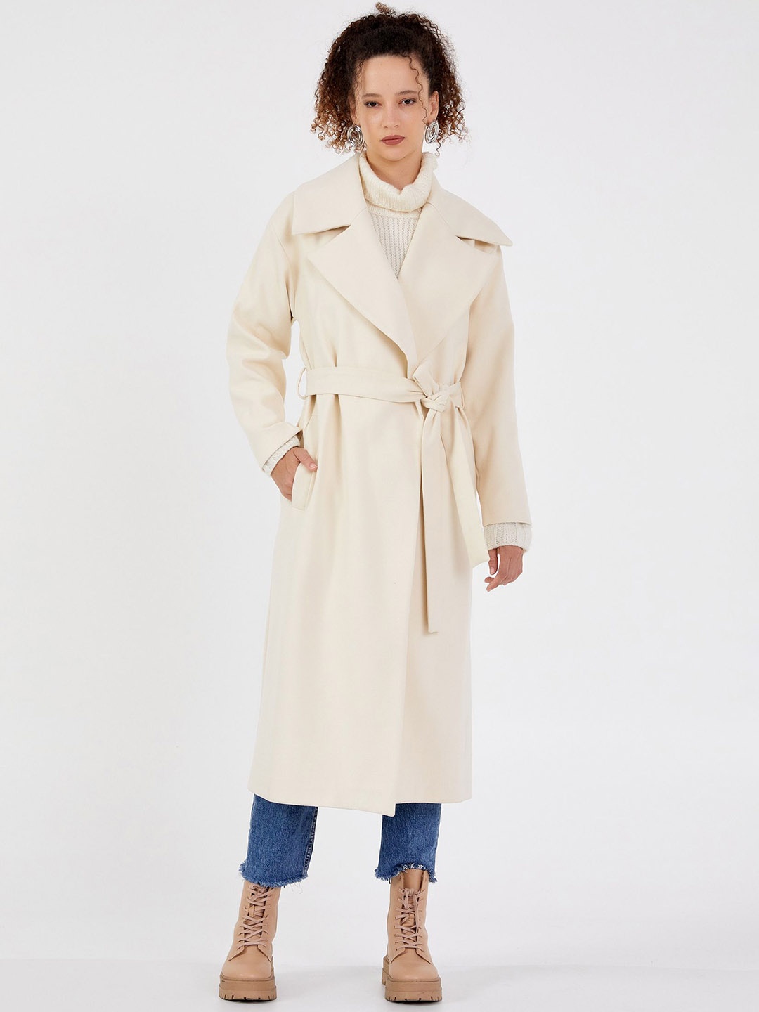 

Fashion Gaiia Women Notched Lapel Trench Coat With Belt, Off white