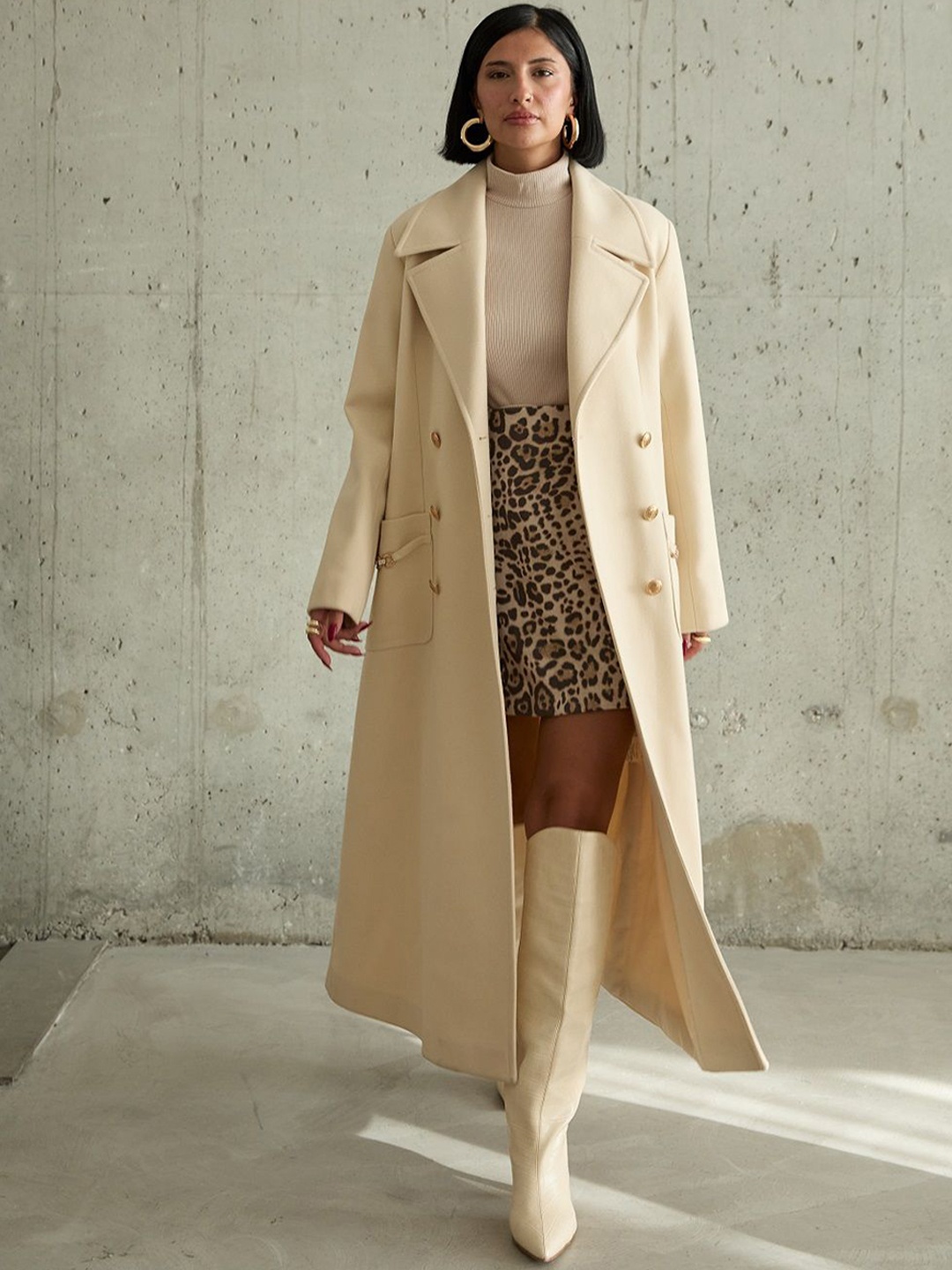 

Fashion Gaiia Women Notched Lapel Overcoat, Off white