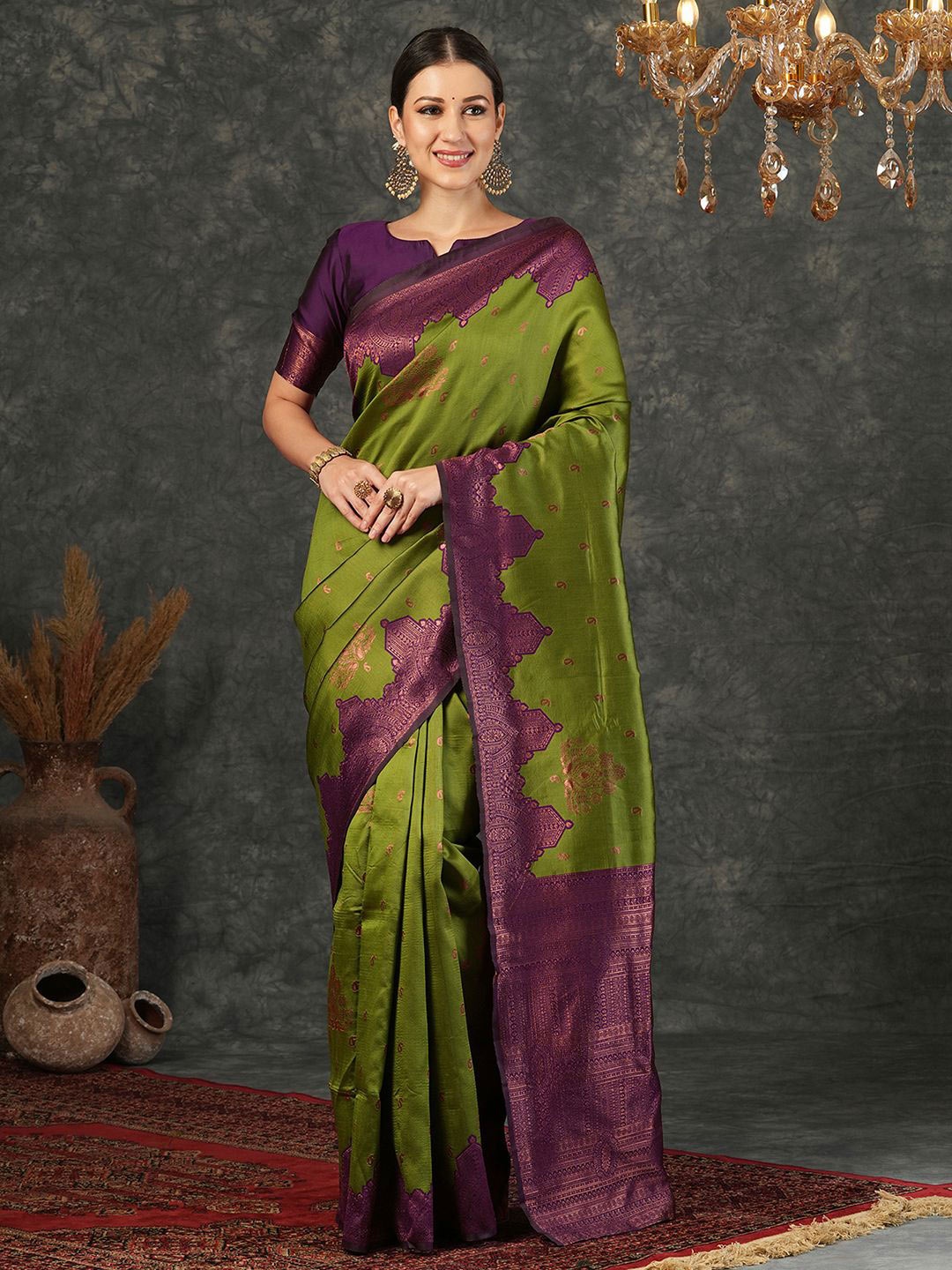 

SAMAH Ethnic Motifs Zari Silk Blend Banarasi Saree, Green