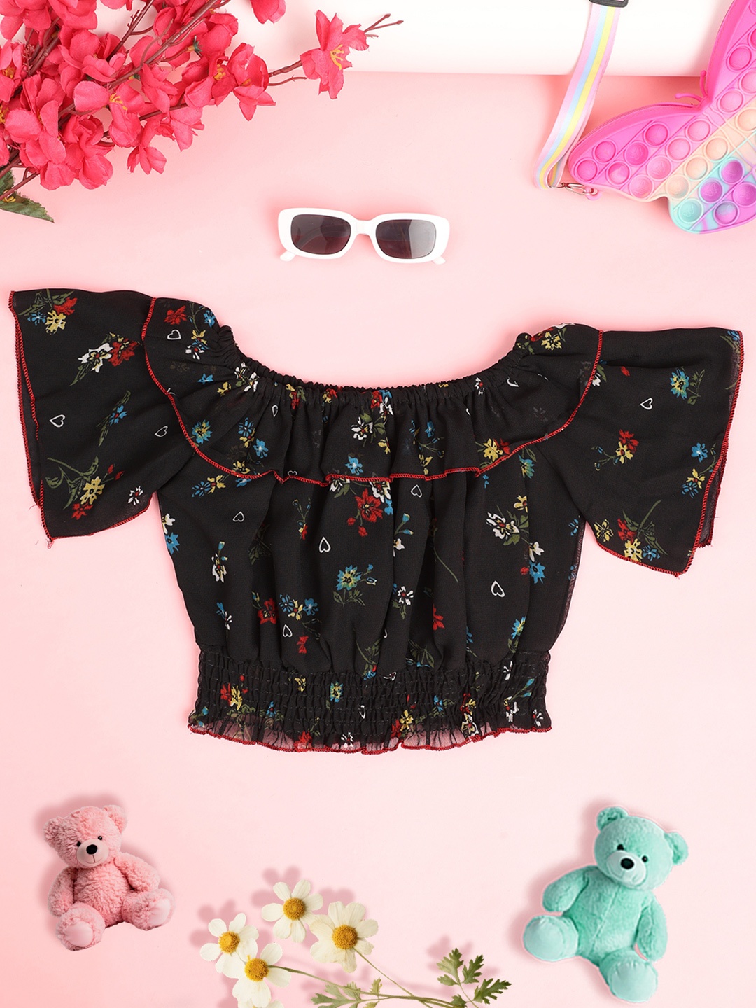 

Cutiekins Girls Floral Printed Pleated Crop Top, Black