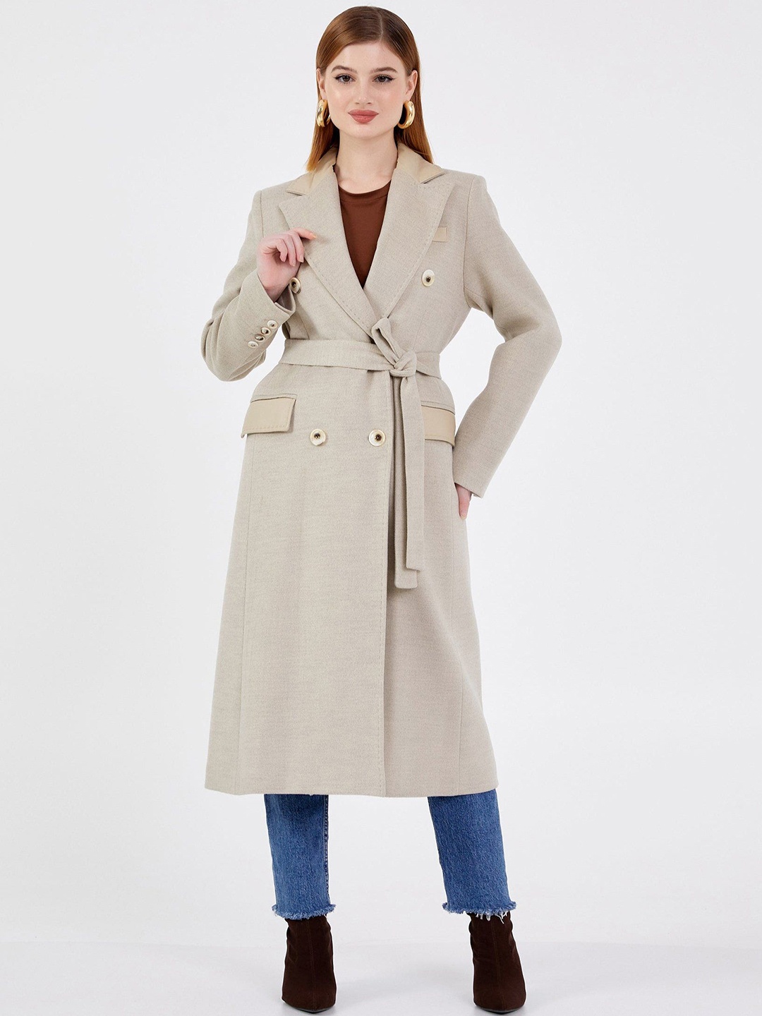 

Fashion Gaiia Women Notched Lapel Long Coat, Beige
