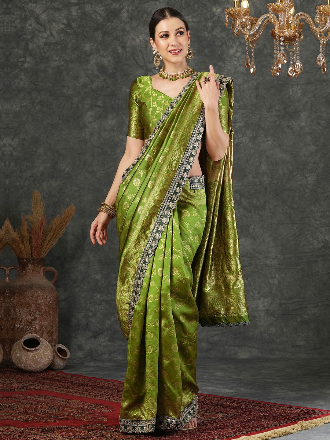 

SAMAH Ethnic Motifs Zari Silk Blend Banarasi Saree, Green