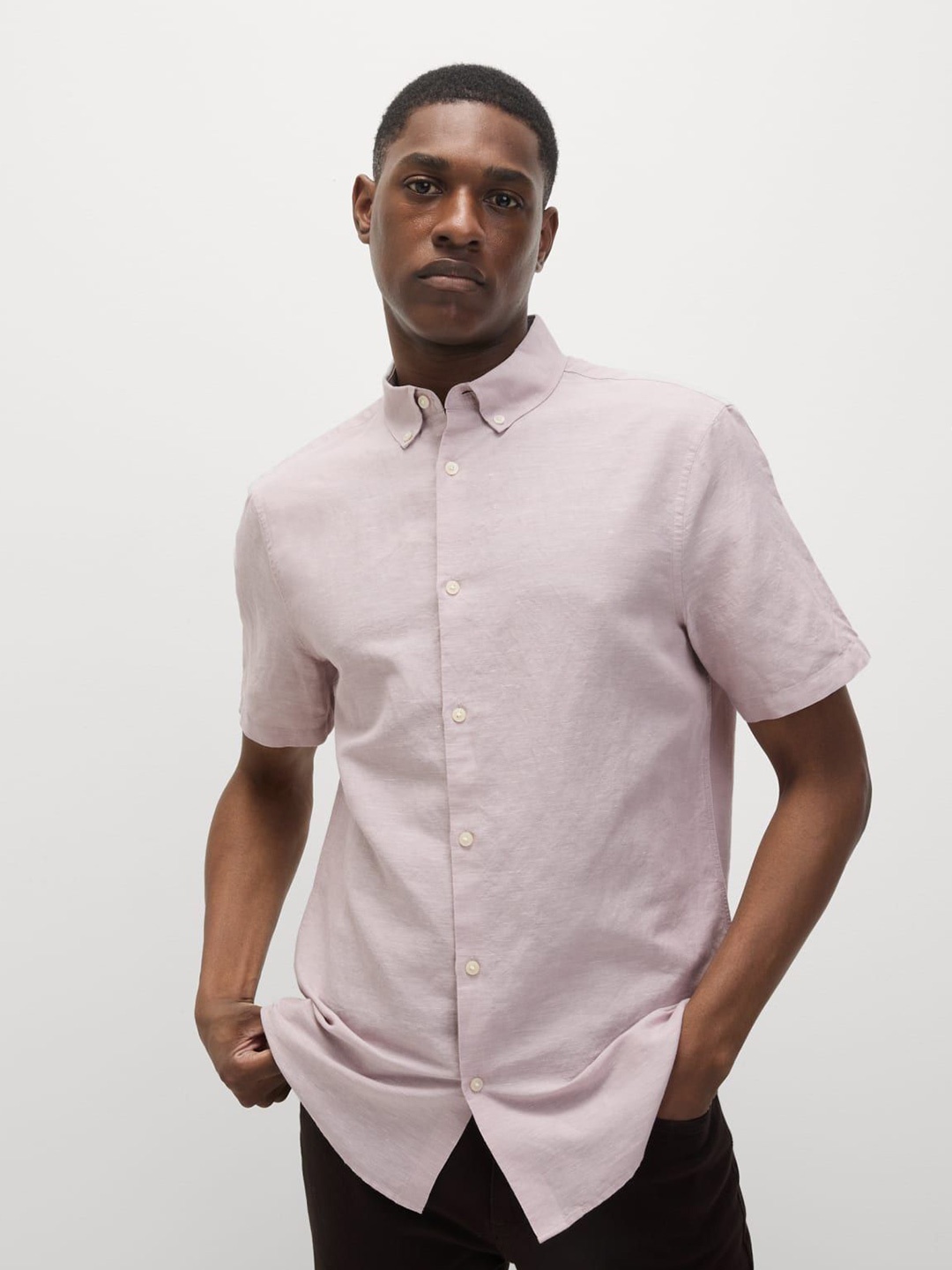 

Marks & Spencer Men Button-Down Collar Solid Linen Casual Shirt, Beige