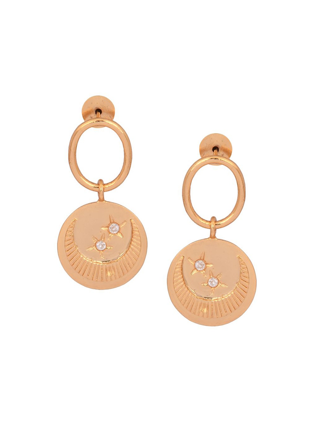 

Ethnic Andaz Gold-Toned American Diamond Stones Studded Circular Drop Earrings