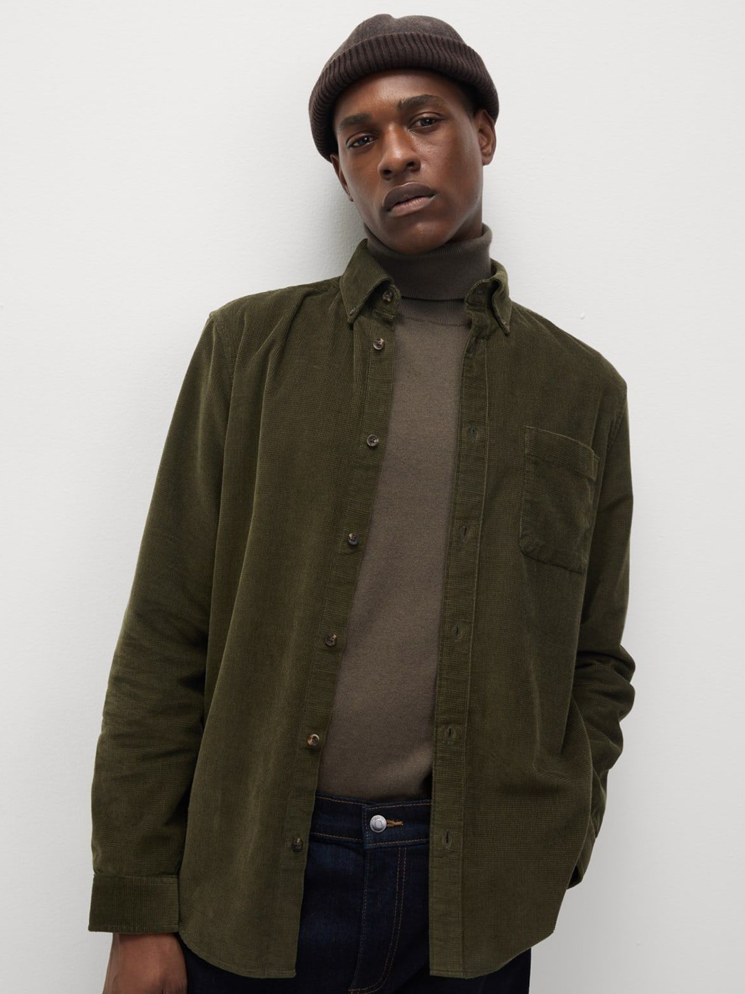 

Marks & Spencer Men Solid Button-Down Collar Cotton Casual Shirt, Olive