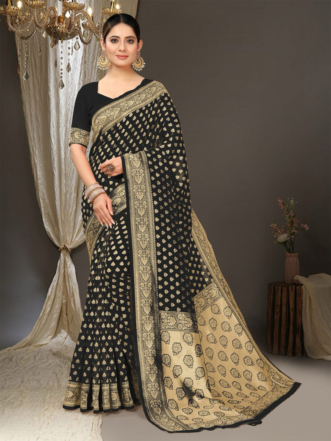 

Marziyaa Woven Design Zari Designer Banarasi Saree, Black