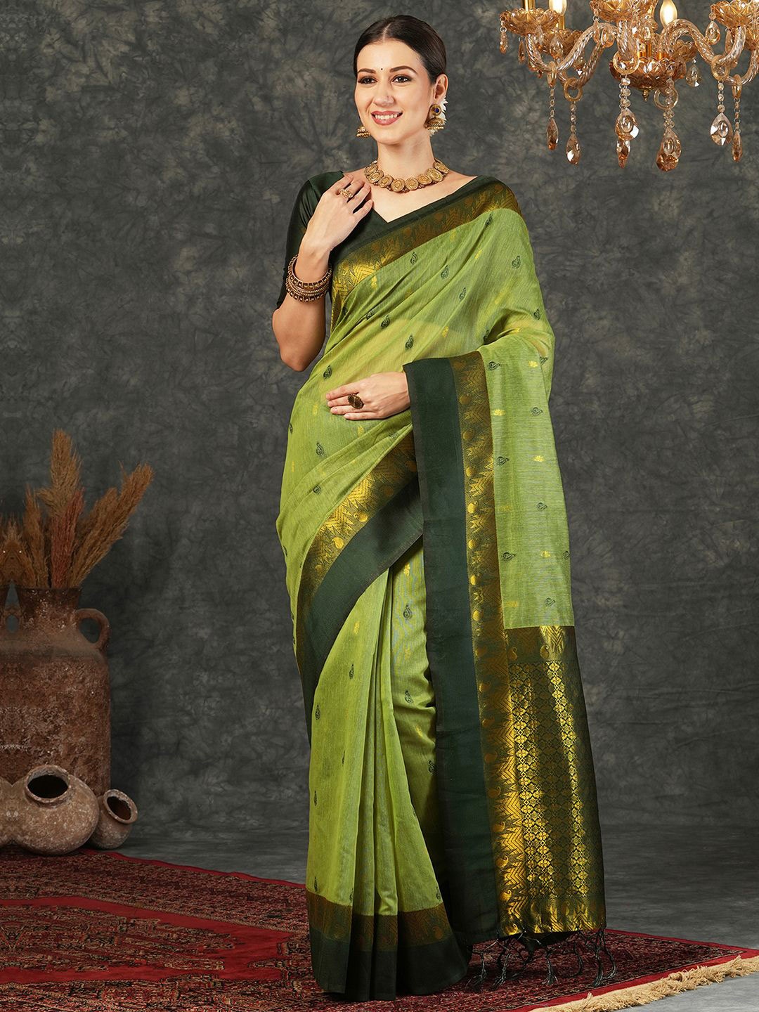 

SAMAH Ethnic Motifs Zari Banarasi Saree, Green