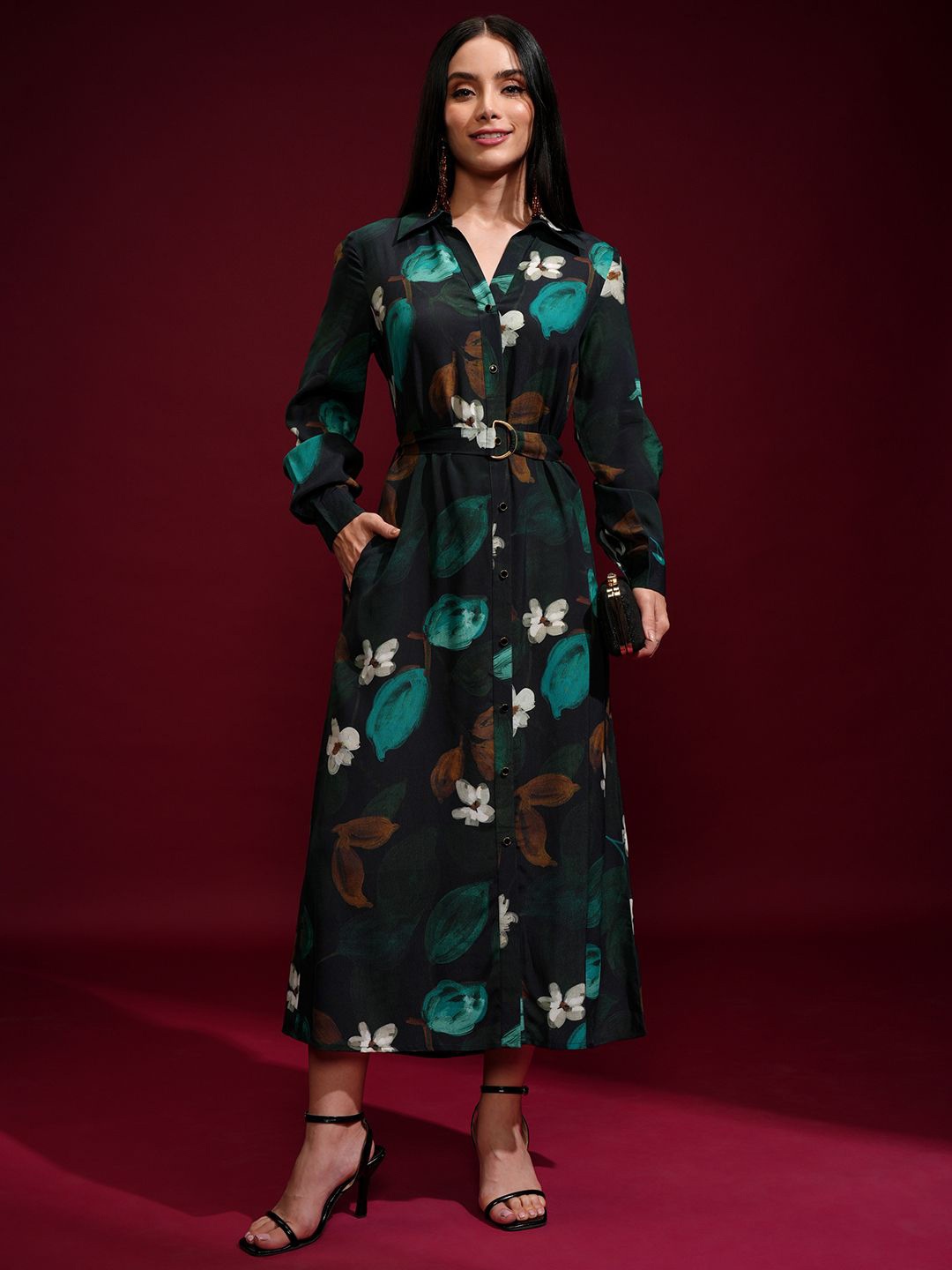 

Vishudh Floral Printed Shirt Midi Dress, Black