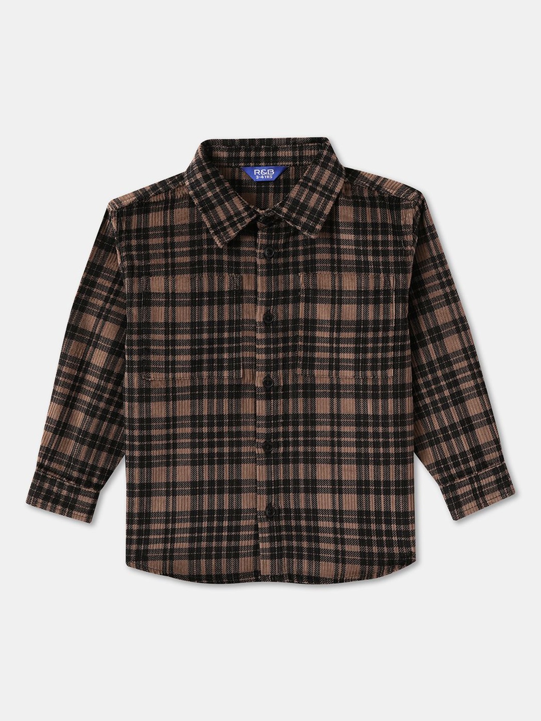 

R&B Boys Spread Collar Tartan Checked Cotton Casual Shirt, Brown