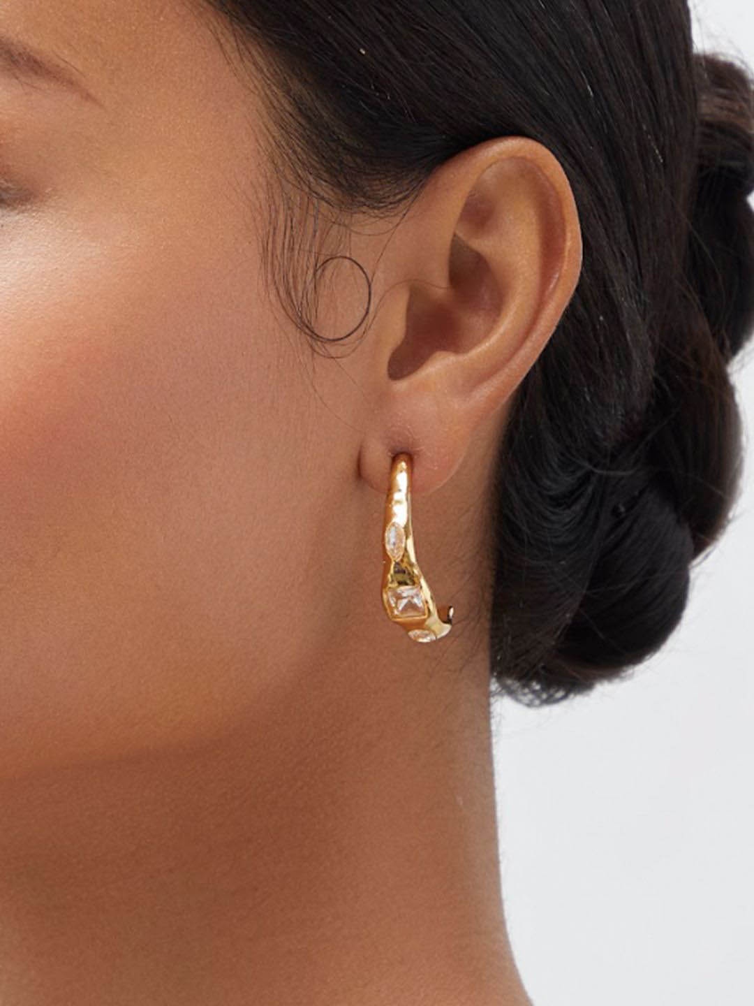 

Ethnic Andaz Gold-Toned Artificial Stone Studded Contemporary Half Hoop Earrings