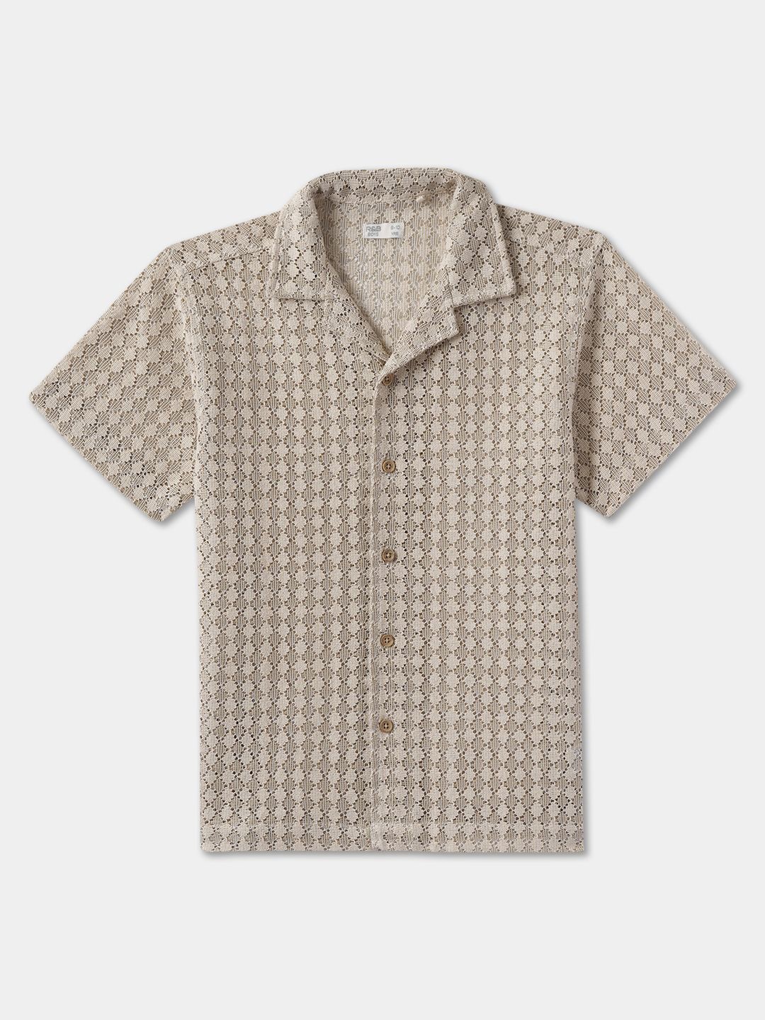 

R&B Boys Cuban Collar Textured Cotton Casual Shirt, Beige
