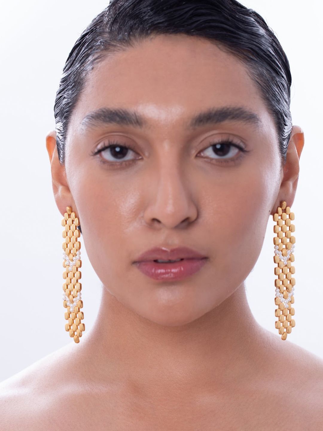 

Ethnic Andaz Gold-Plated Artificial Beads Classic Shaped Drop Earrings