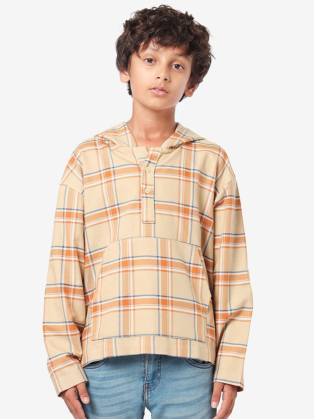 

BONKIDS Boys Checked Hooded Cotton Casual Shirt, Beige