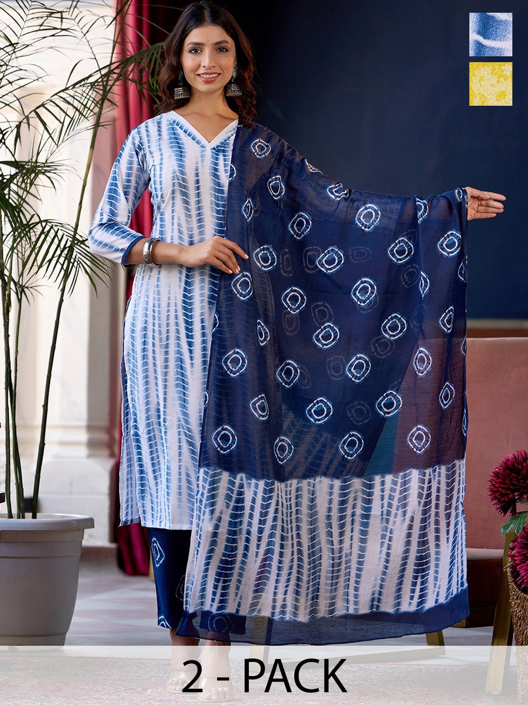 

KALINI Selection Of 2 Shibori Dyed Straight Kurtas with Trousers and Dupatta, Blue