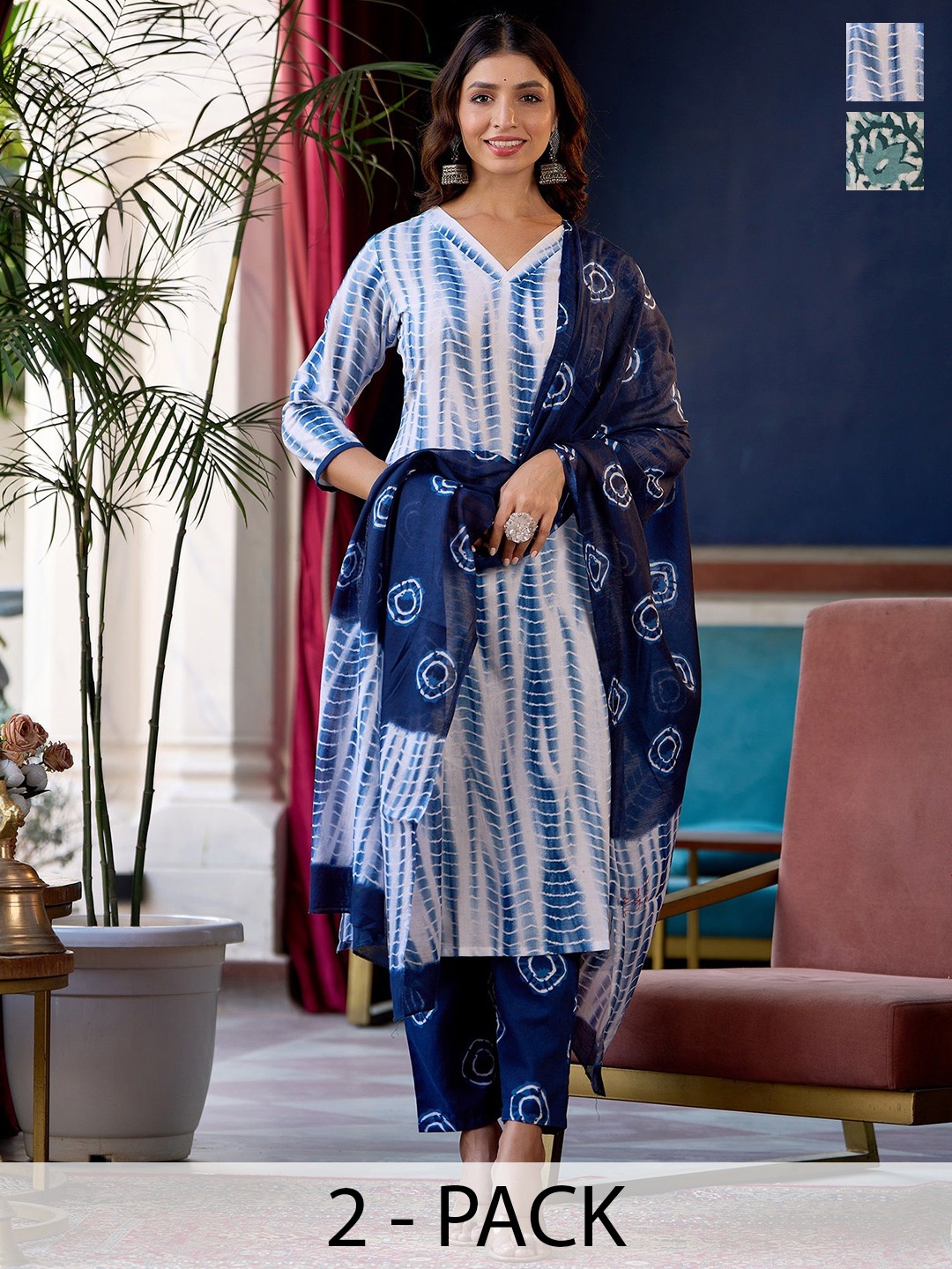 

KALINI Selection Of 2 Shibori Dyed Straight Kurtas with Trousers and Dupatta, Blue