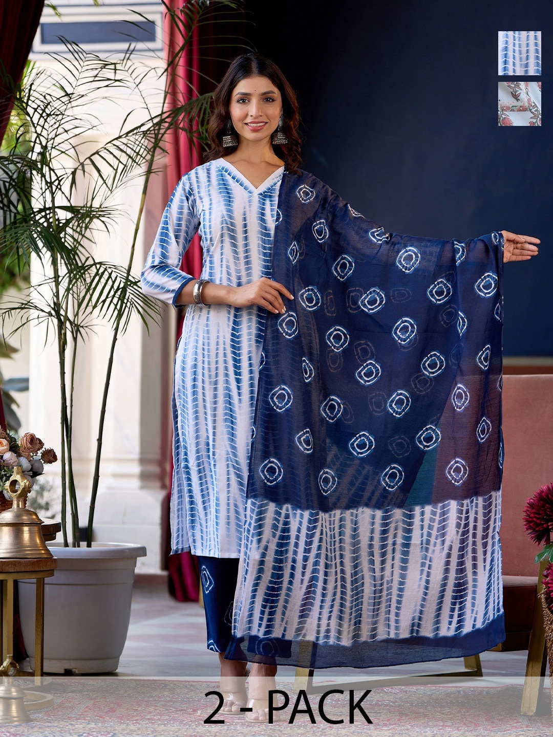 

KALINI Selection Of 2 Shibori Dyed Straight Kurtas With Trousers & Dupattas, White