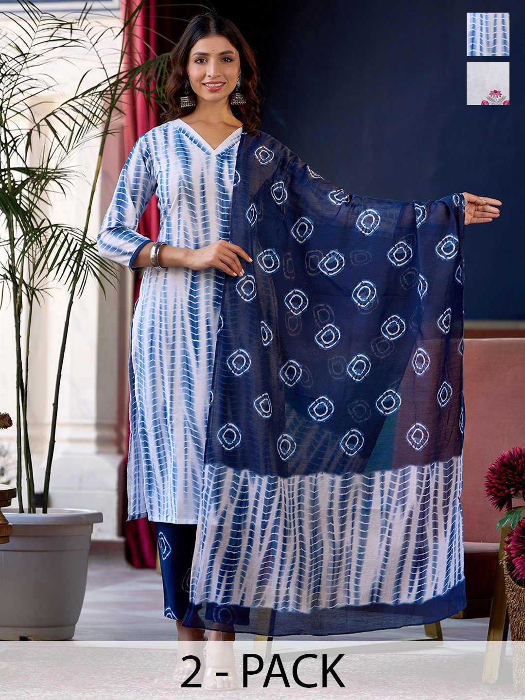 

KALINI Selection Of 2 Shibori Dyed Straight Kurtas with Trousers and Dupatta, Blue