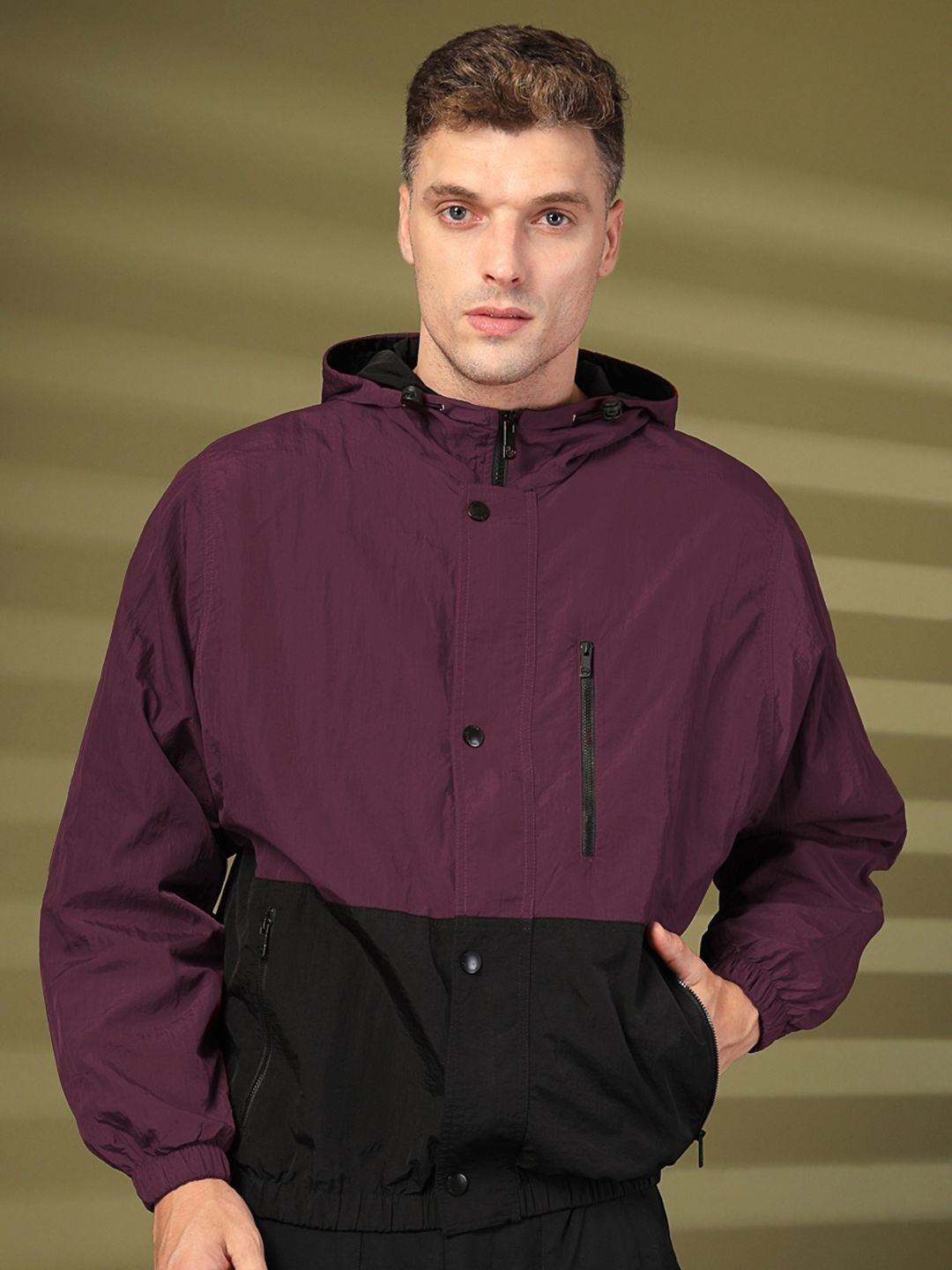 

CHKOKKO Men Hooded Colourblocked Casual Bomber Jacket, Purple