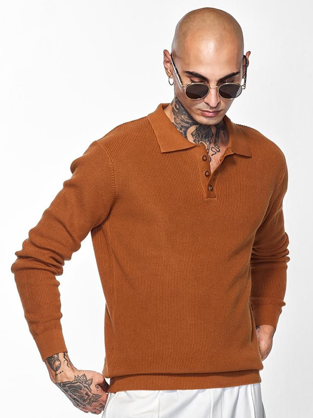 

Snitch Men Self Design Slim Fit Pure Cotton T-shirt, Brown