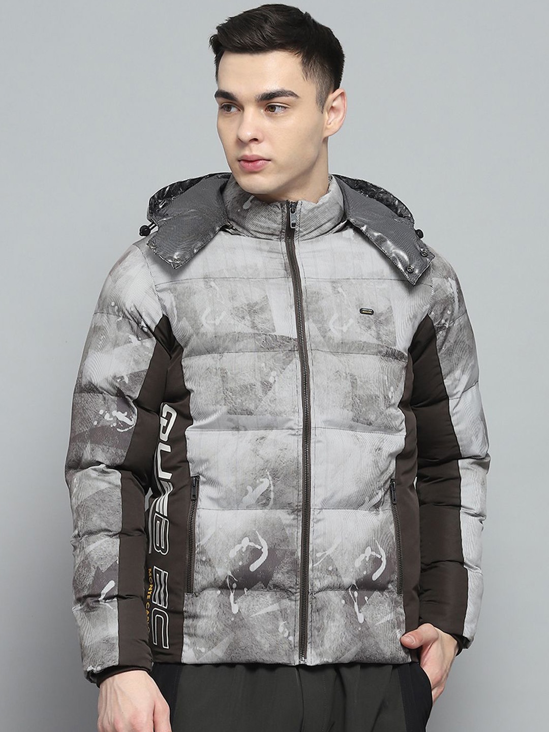 

Monte Carlo Men Hooded Abstract Printed Casual Puffer Lightweight Jacket, Grey