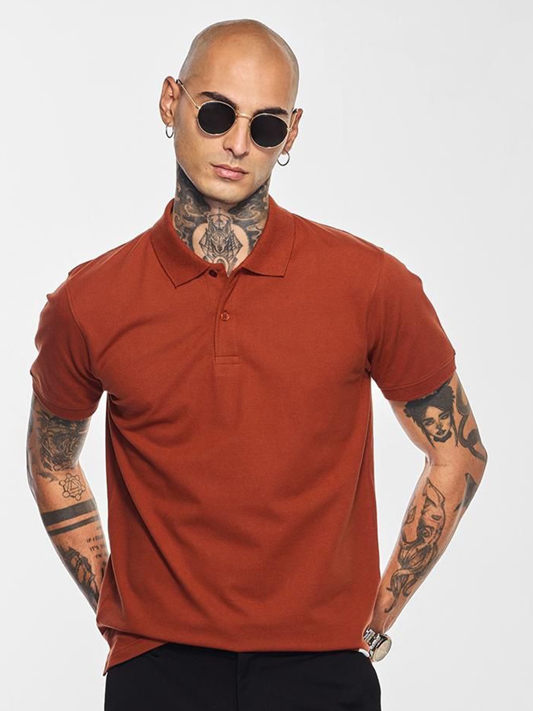 

Snitch Men Solid Polo Collar Cotton T-shirt, Rust