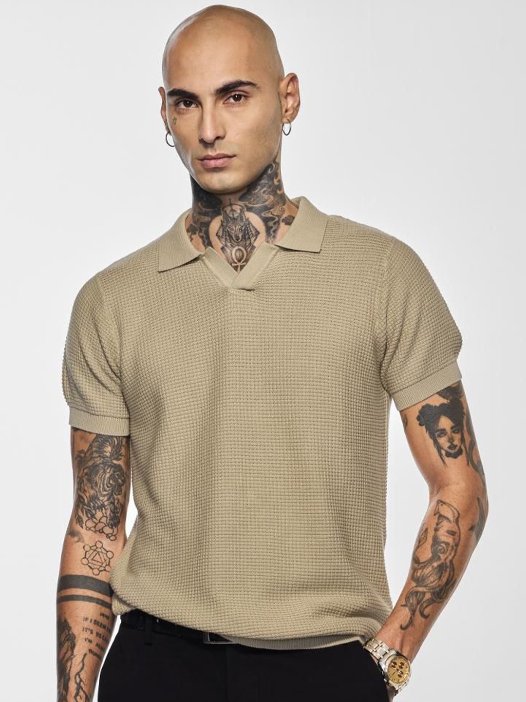 

Snitch Men Self Design Polo Collar Cotton T-shirt, Beige