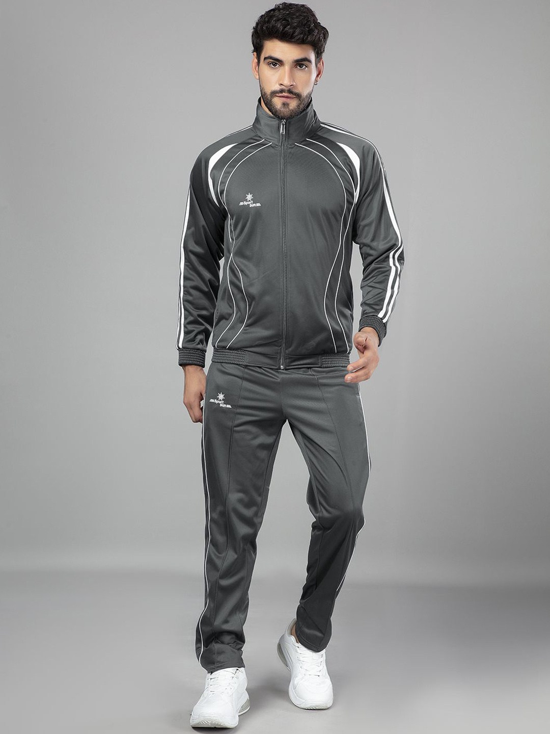 

SPORT SUN Men Striped Mock Collar Tracksuit, Grey