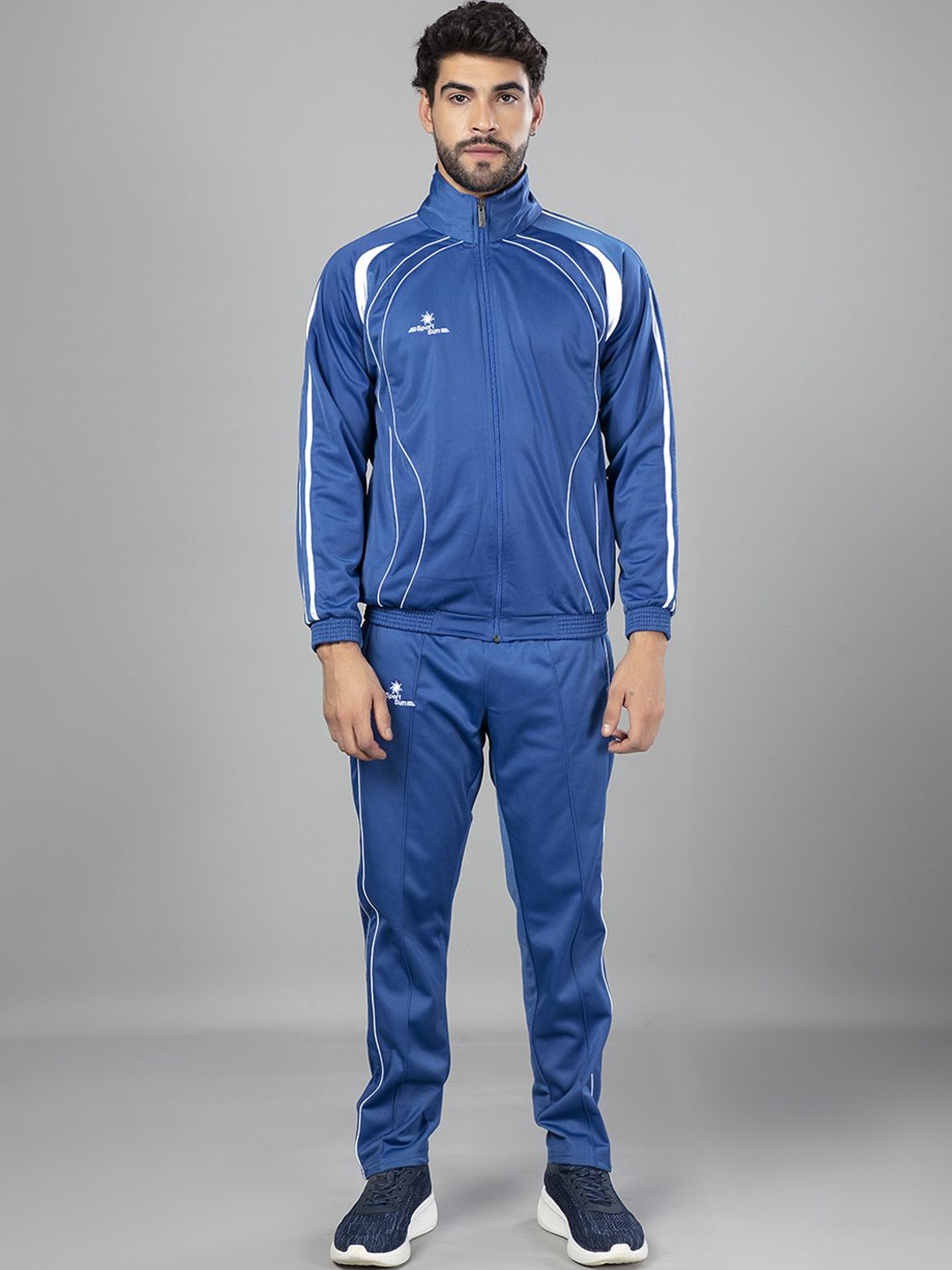 

SPORT SUN Men Striped Mock Collar Tracksuit, Blue