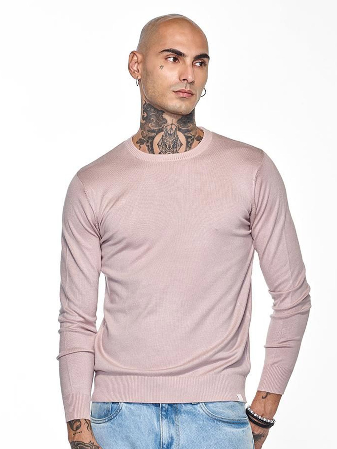 

Snitch Men Light Pink Plain Pullover Sweater