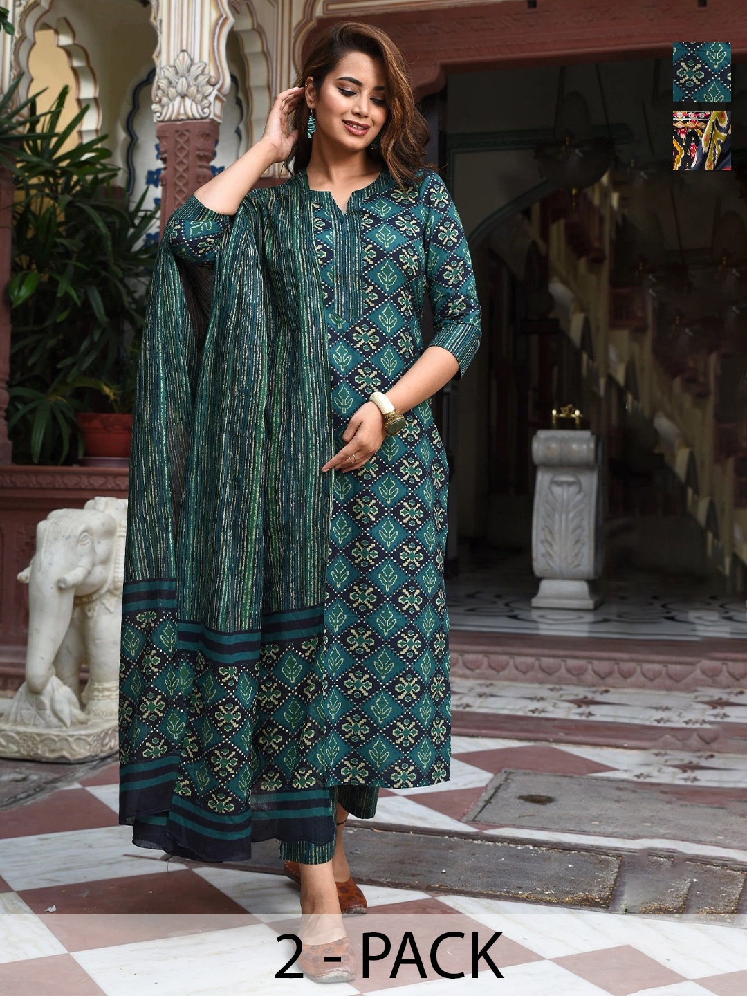 

KALINI Selection Of 2 Floral Printed Notch Neck Kurtas With Trousers & Dupattas, Green