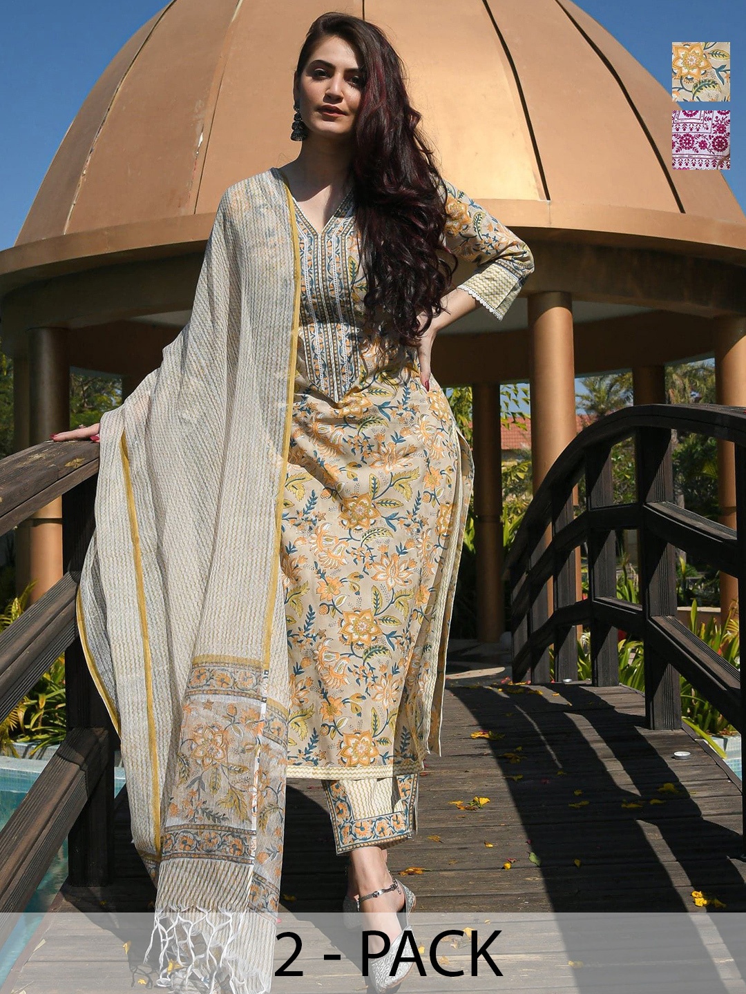 

KALINI Selection Of 2 Floral Printed V-Neck Kurtas With Trousers & Dupattas, Beige