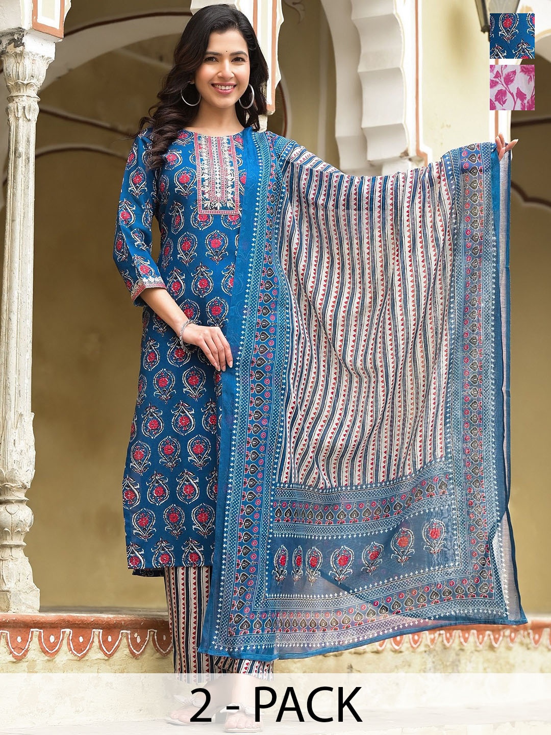 

KALINI Selection Of 2 Ethnic Motifs Printed Sequinned Kurtas With Trousers & Dupattas, Blue