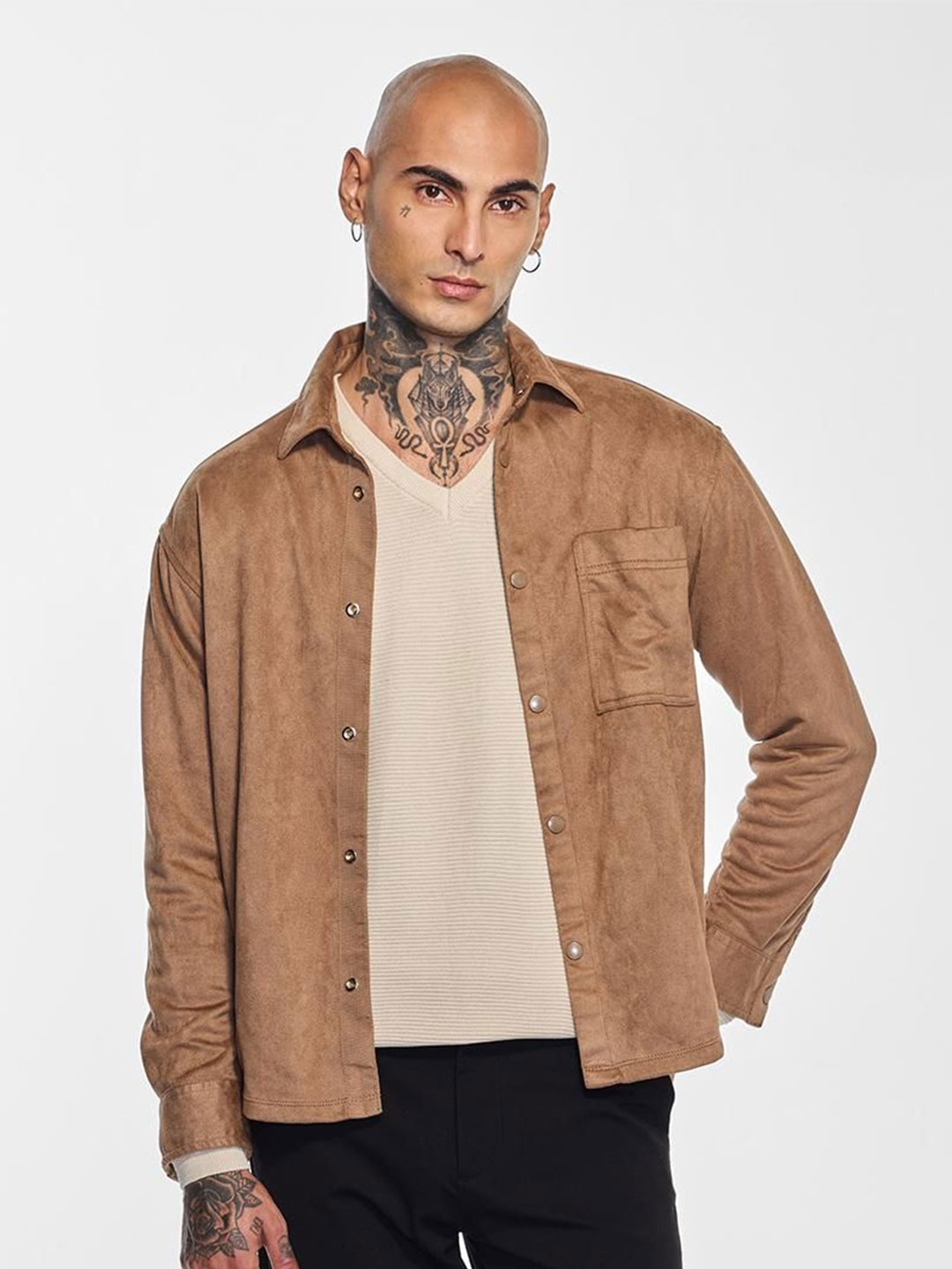 

Snitch Men Pure Cotton V - Neck T - Shirts, Beige