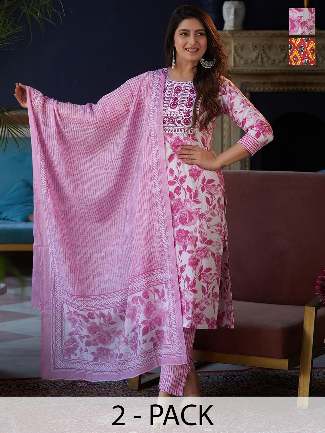 

KALINI Selection Of 2 Floral Printed Sequinned V-Neck Kurtas With Trousers & Dupattas, Pink