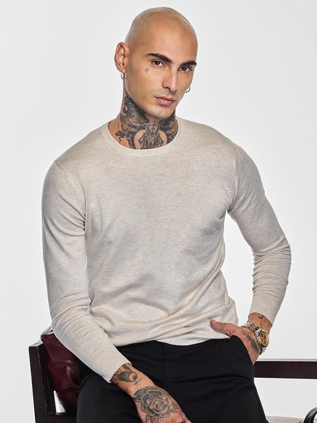 

Snitch Men Round Neck Pullover, Beige