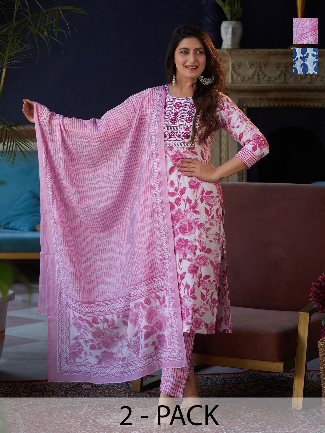 

KALINI Selection Of 2 Floral Printed Round Neck Straight Kurtas With Trousers & Dupattas, Pink