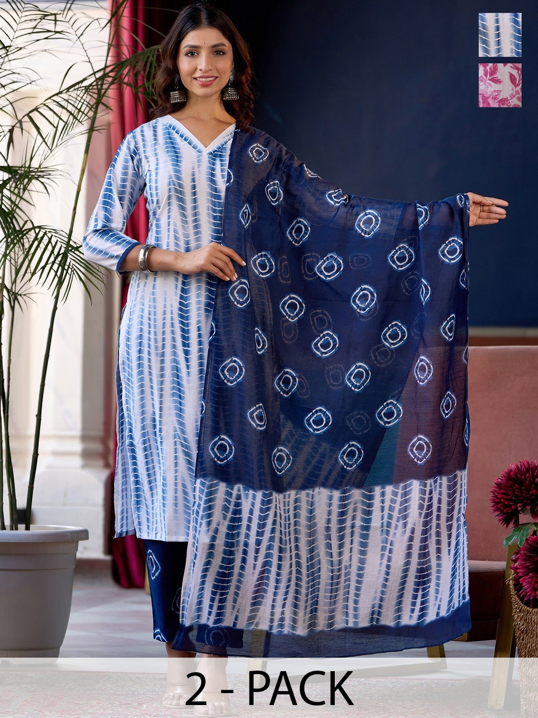

KALINI Selection Of 2 Shibori Printed V-neck Straight Kurtas With Trousers & Dupattas, Pink